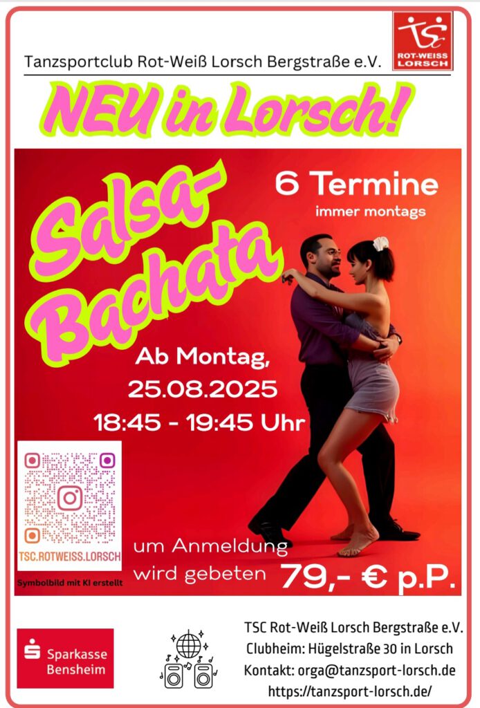 Plakat zum Salsa-Bachata Kurs ab 25.8.25.