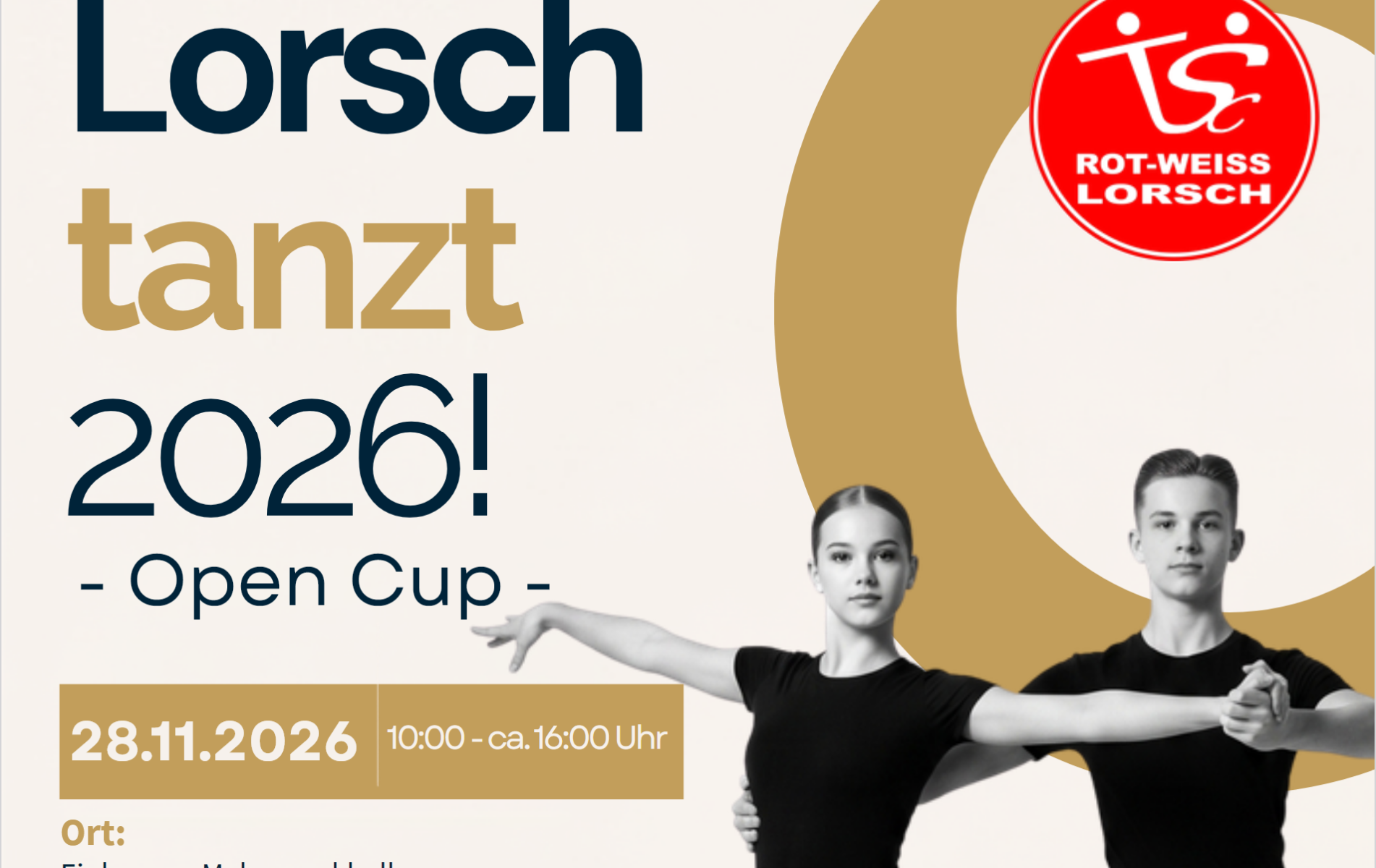 Plakat zur Veranstaltung Lorsch tanzt 2026 am 28.11.2026 mit Breitensportwettbewerben und E-Klasse Turnieren in den Standard- und Lateintänzen.